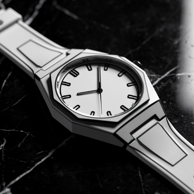 ValoraTime Dalí watch lifestyle photograph on a black marble surface, alternate composition.