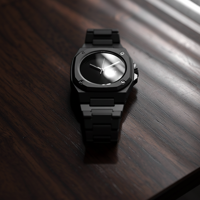 ValoraTime Eclipse watch lifestyle photograph resting on a dark wood desk.