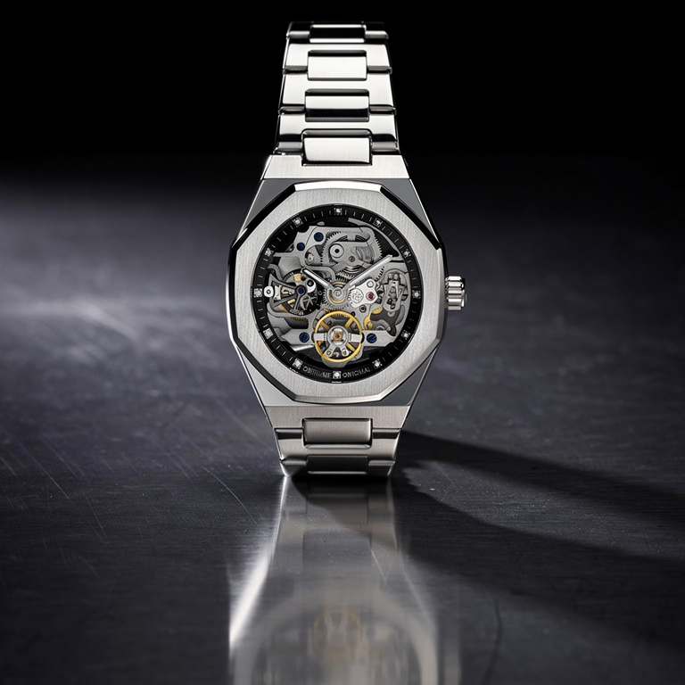 ValoraTime Phantom watch lifestyle photograph on a dark brushed metal surface with reflection.
