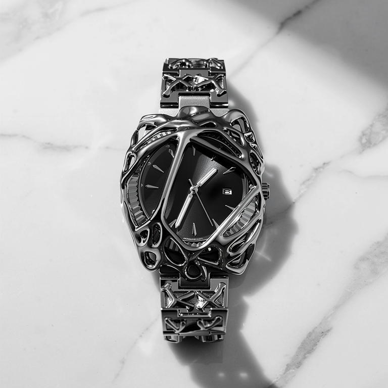 ValoraTime Polaris watch lifestyle photograph on a white marble surface, alternate composition.