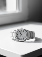 ValoraTime Pure Line watch lifestyle photograph on a white desk beside a window.