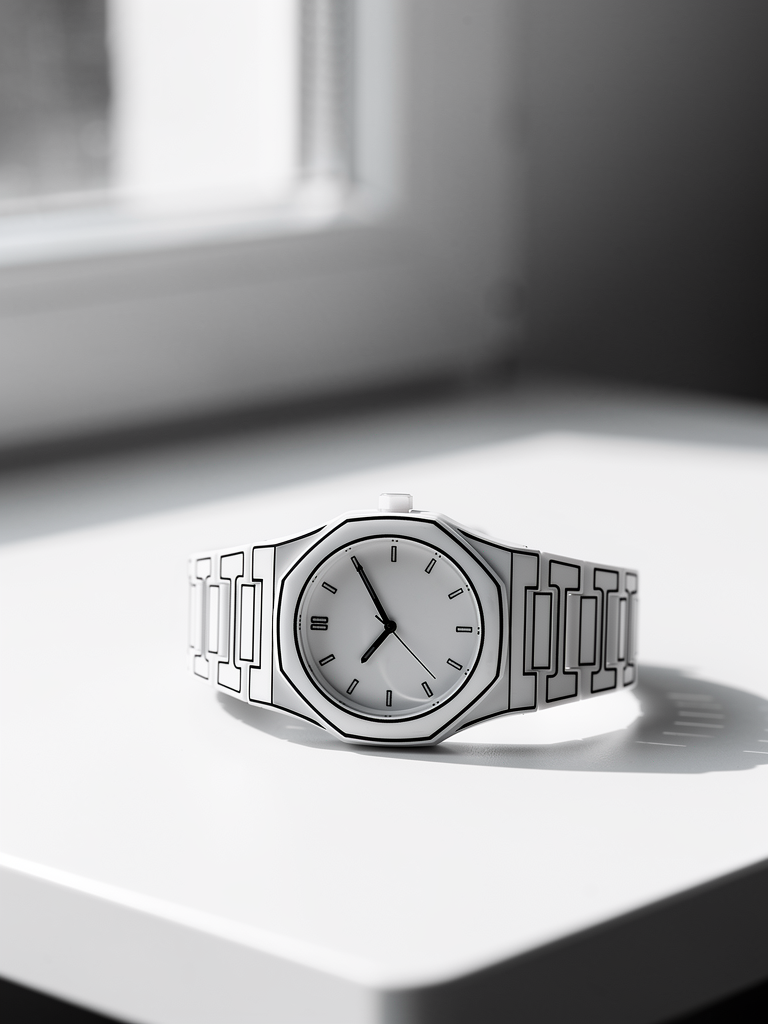 ValoraTime Pure Line watch lifestyle photograph on a white desk beside a window.