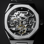 Close-up macro detail photograph of the ValoraTime Phantom watch, highlighting the skeleton dial with visible gears and balance wheel.