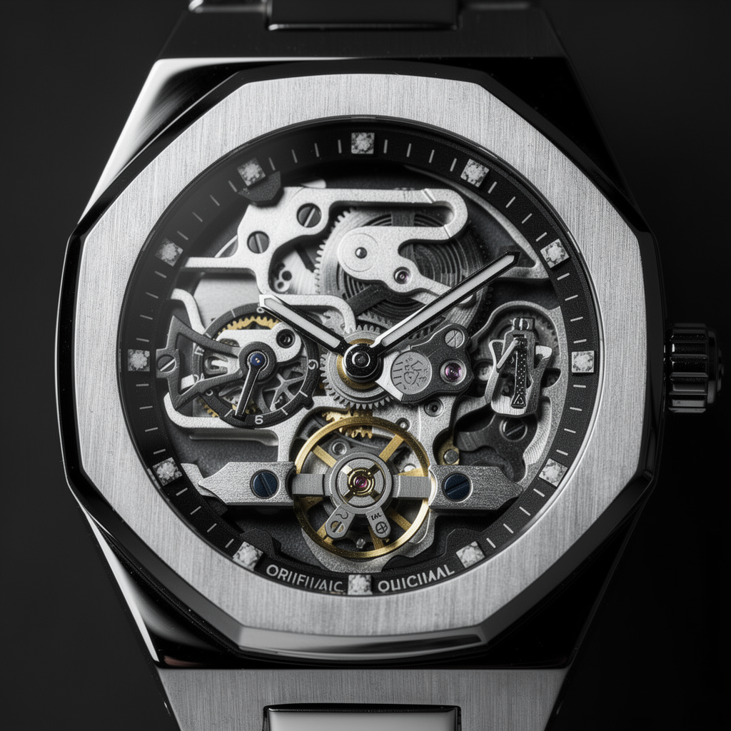 Close-up macro detail photograph of the ValoraTime Phantom watch, highlighting the skeleton dial with visible gears and balance wheel.