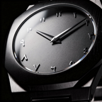 Close-up macro detail photograph of the ValoraTime Maktub watch, highlighting the black-on-black ghost dial with eastern Arabic numerals.