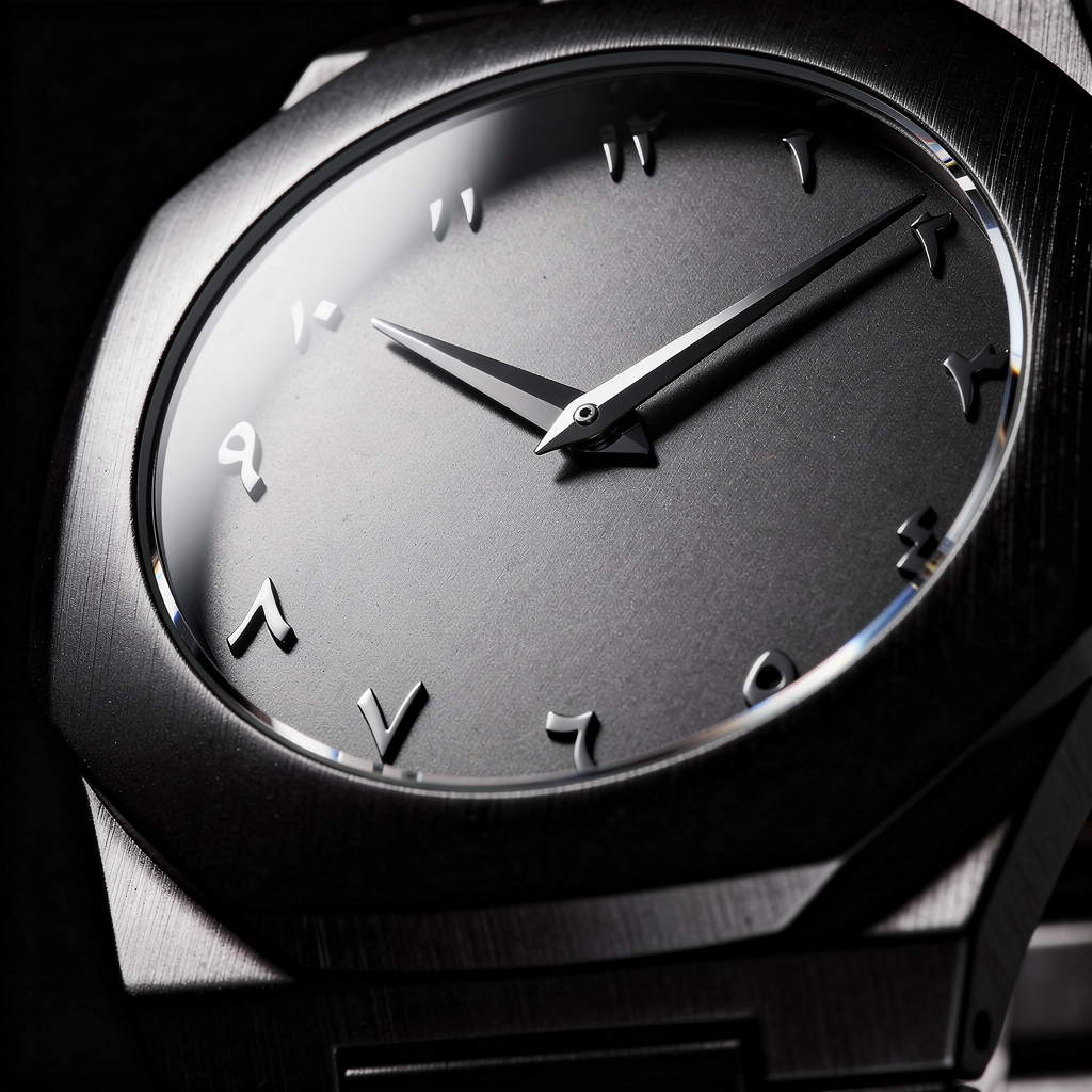 Close-up macro detail photograph of the ValoraTime Maktub watch, highlighting the black-on-black ghost dial with eastern Arabic numerals.