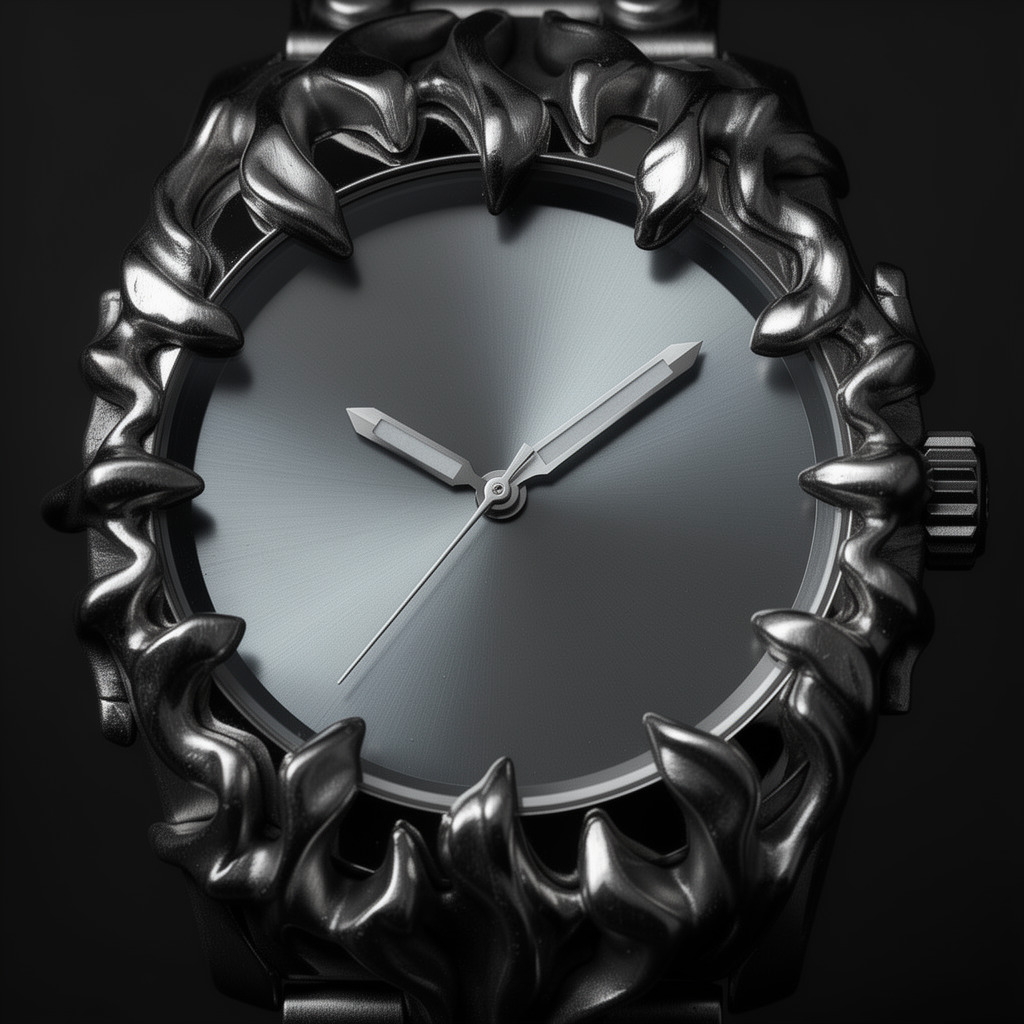 Close-up macro detail photograph of the ValoraTime Specter watch, highlighting the sculpted flame-inspired bracelet and bezel texture.