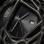 Close-up macro detail photograph of the ValoraTime Polaris watch, highlighting the cutout cage-style case sculpture.