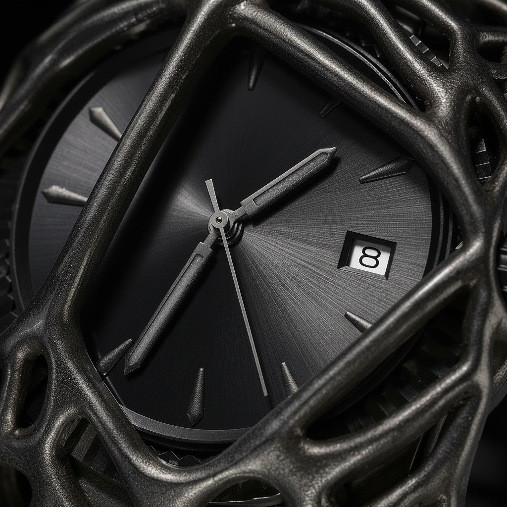 Close-up macro detail photograph of the ValoraTime Polaris watch, highlighting the cutout cage-style case sculpture.