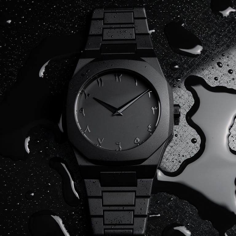 ValoraTime Maktub watch atmospheric product photograph with a water-droplet effect.