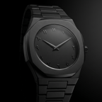ValoraTime Maktub watch banner photograph, monochrome case at left with clean negative space on the right for a call-to-action.