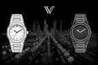 ValoraTime Pure Line watch banner photograph with a city skyline background and horizontal negative space for a call-to-action.