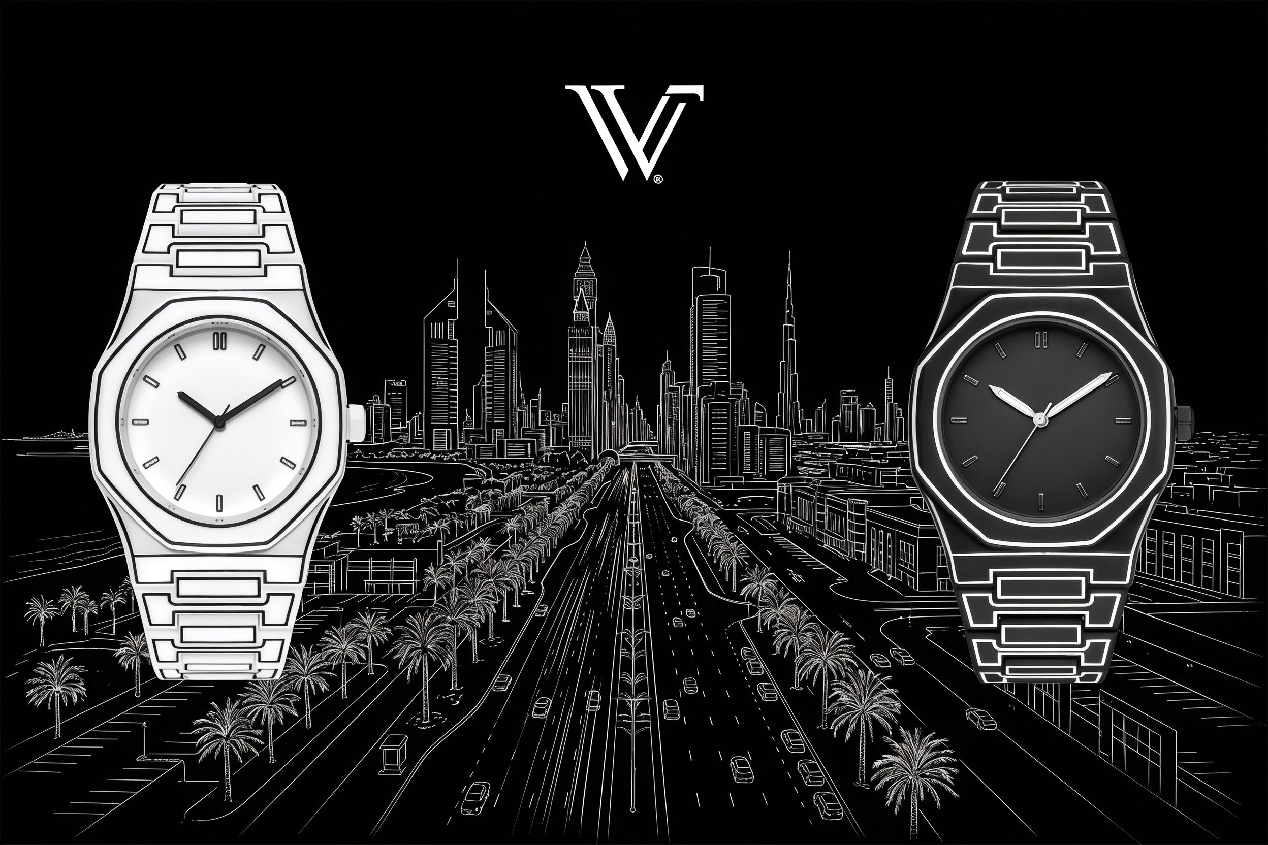 ValoraTime Pure Line watch banner photograph with a city skyline background and horizontal negative space for a call-to-action.