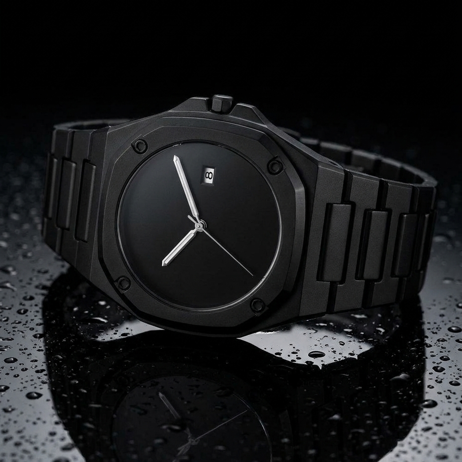 ValoraTime Eclipse watch product photograph with a wet, water-droplet effect on a dark surface.