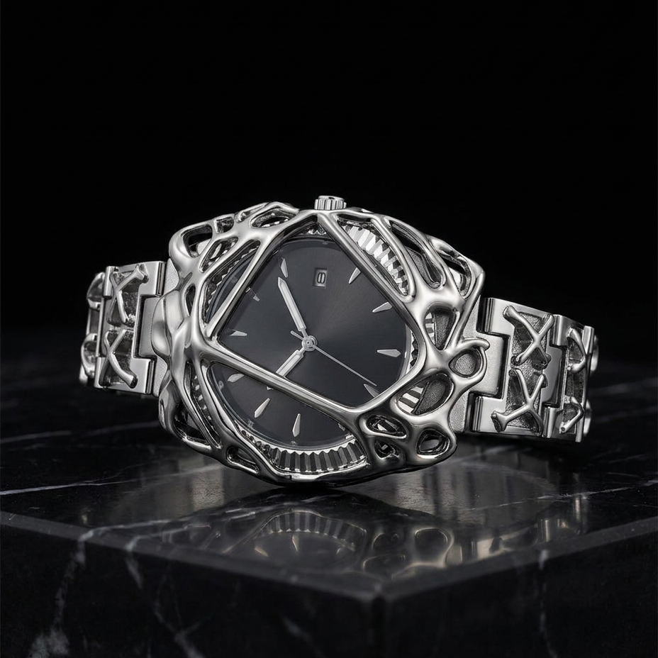 ValoraTime Polaris watch lifestyle photograph resting on a white marble surface.
