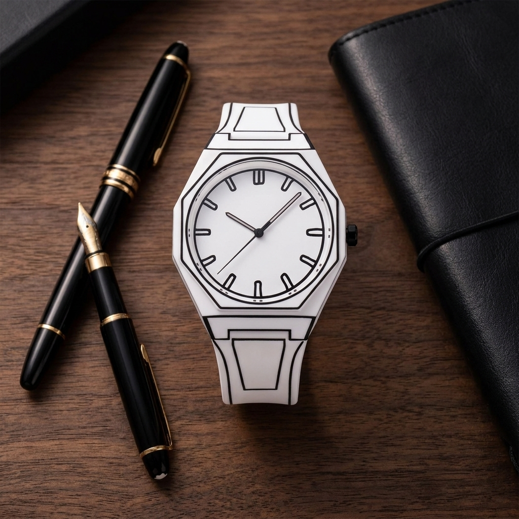 ValoraTime Dalí watch lifestyle photograph resting on a black marble surface.