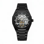 ValoraTime Phantom automatic watch with a black octagonal case and skeleton dial revealing the visible gears, bridges, and balance wheel of the movement.