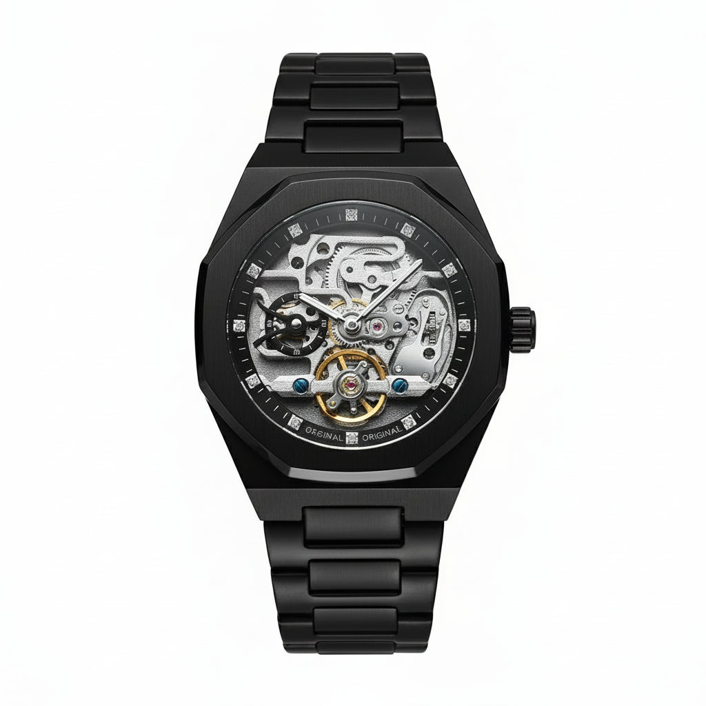 ValoraTime Phantom automatic watch with a black octagonal case and skeleton dial revealing the visible gears, bridges, and balance wheel of the movement.