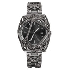 ValoraTime Polaris watch with an intricate cutout, cage-style stainless steel case and sunray dial, Black Shadow edition.