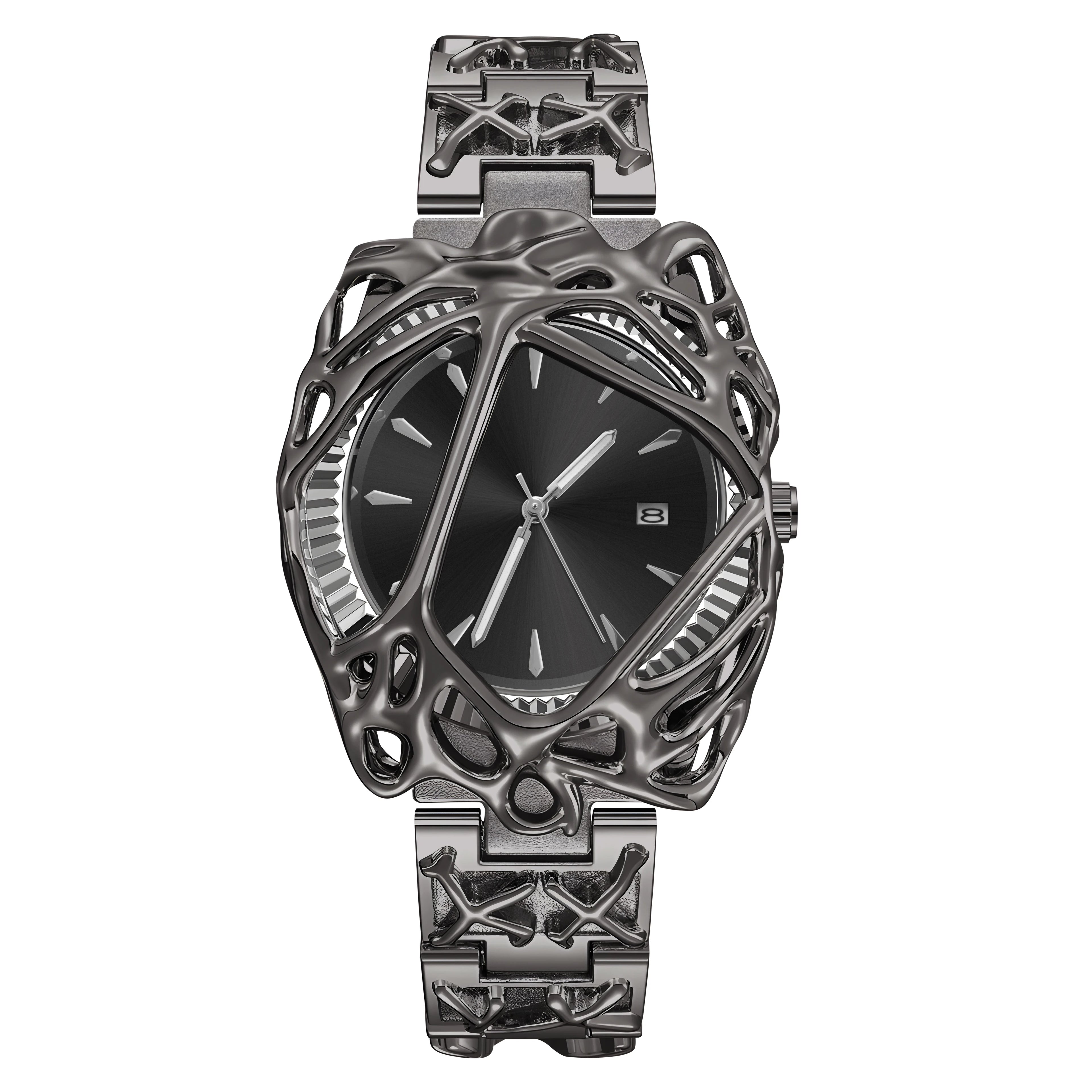 ValoraTime Polaris watch with an intricate cutout, cage-style stainless steel case and sunray dial, Black Shadow edition.