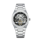 ValoraTime Phantom automatic watch with a polished steel octagonal case and skeleton dial revealing the visible gears, bridges, and balance wheel of the movement.