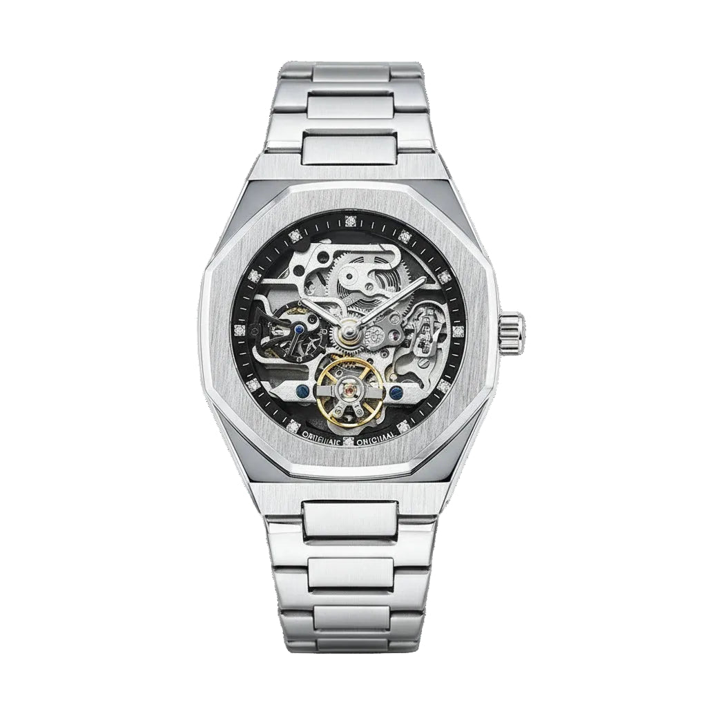 ValoraTime Phantom automatic watch with a polished steel octagonal case and skeleton dial revealing the visible gears, bridges, and balance wheel of the movement.