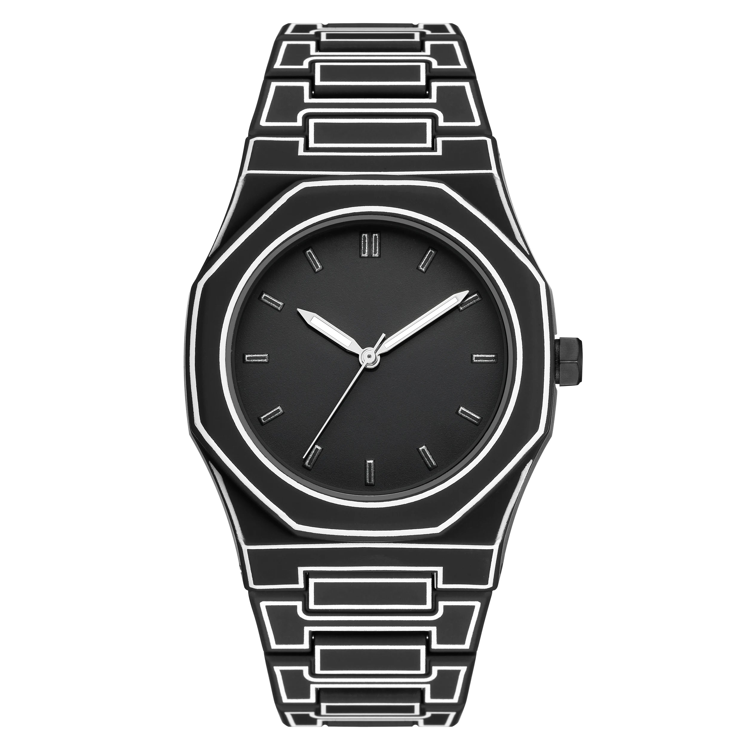ValoraTime Pure Line watch with a black octagonal case and white hand-drawn contour line design on a plain black dial with minimal hour markers.