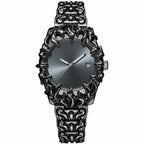 ValoraTime Specter watch with a blackened stainless steel octagonal case and sculpted flame-inspired bracelet and bezel, paired with a dark smoky metallic dial.