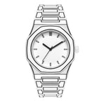 ValoraTime Pure Line watch with a white octagonal case and bold black hand-drawn contour line design on a plain white dial with minimal hour markers.
