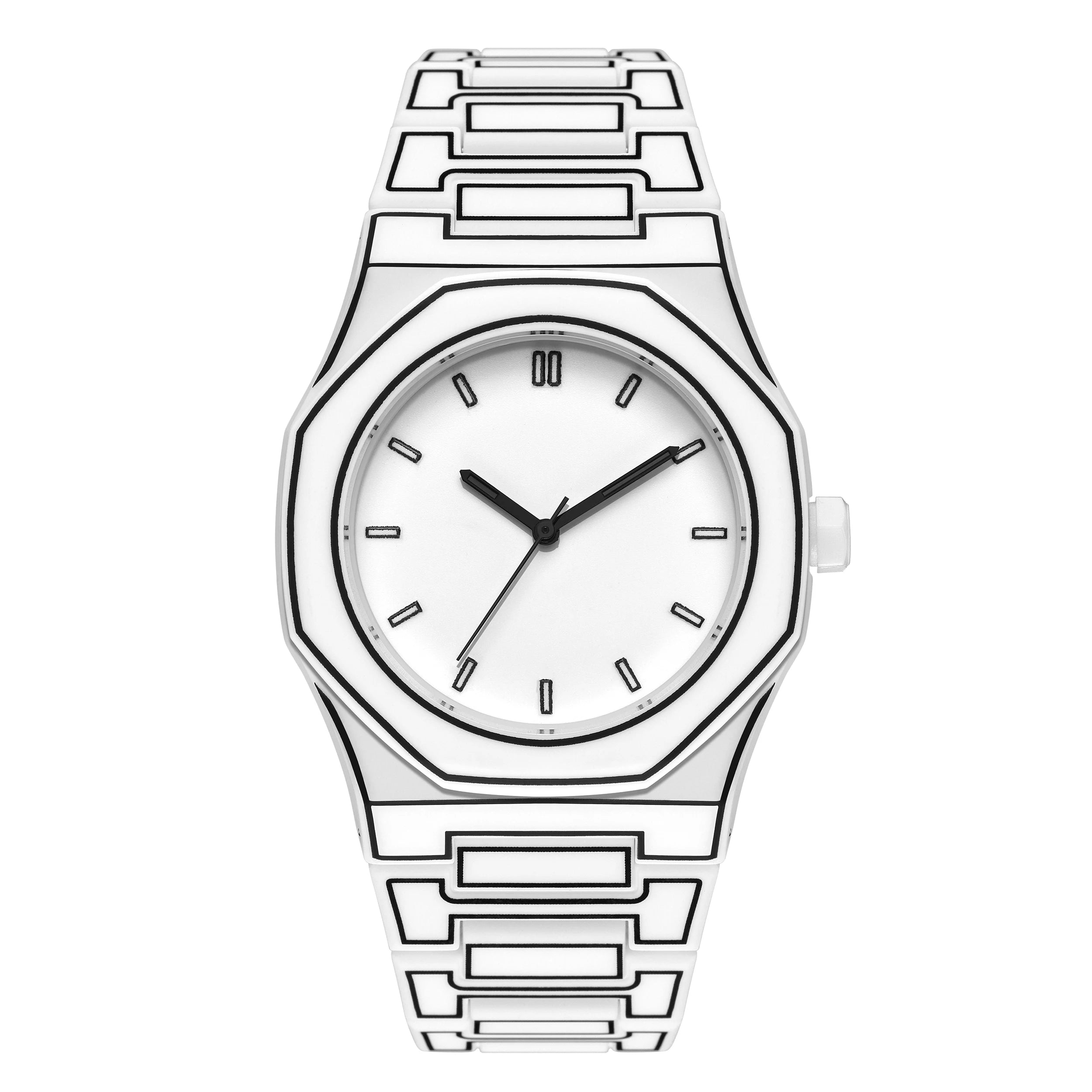 ValoraTime Pure Line watch with a white octagonal case and bold black hand-drawn contour line design on a plain white dial with minimal hour markers.
