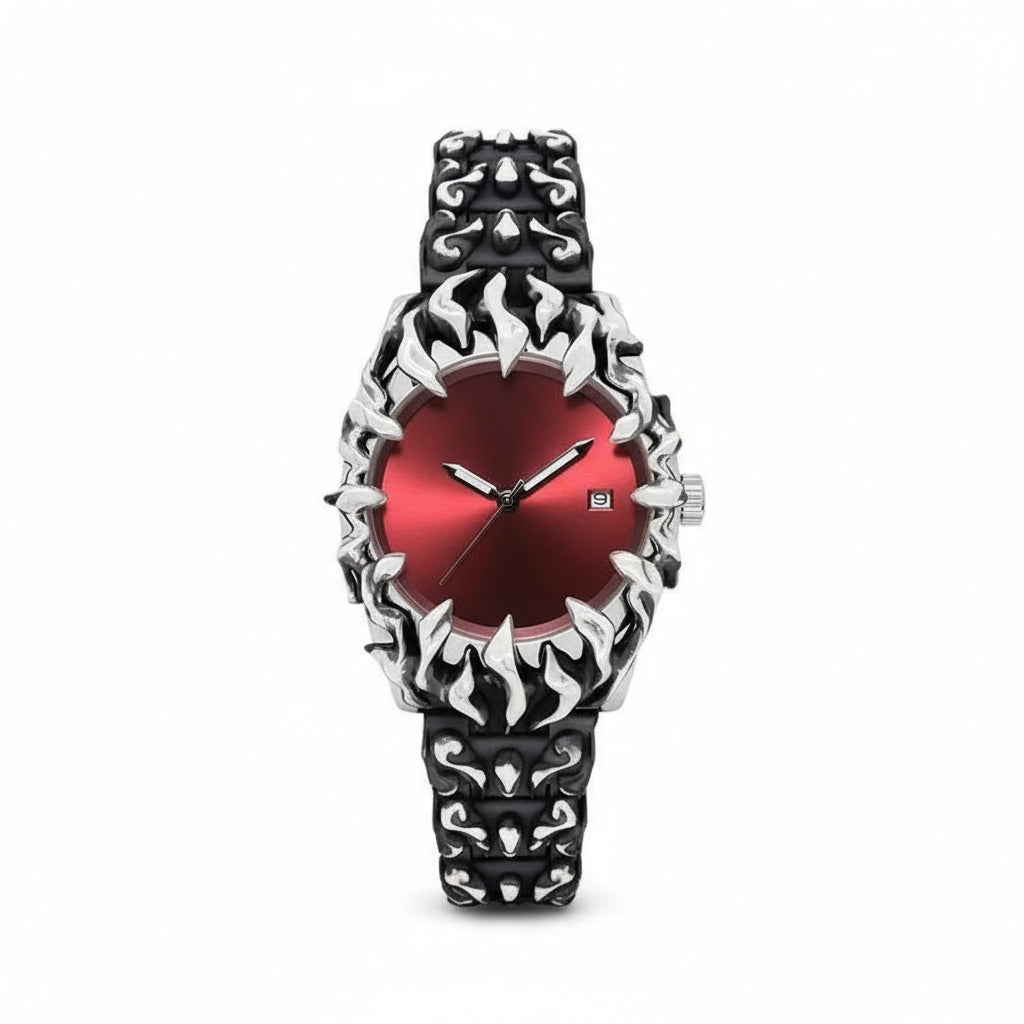 ValoraTime Specter watch with a blackened stainless steel octagonal case and sculpted flame-inspired bracelet, red dial edition.