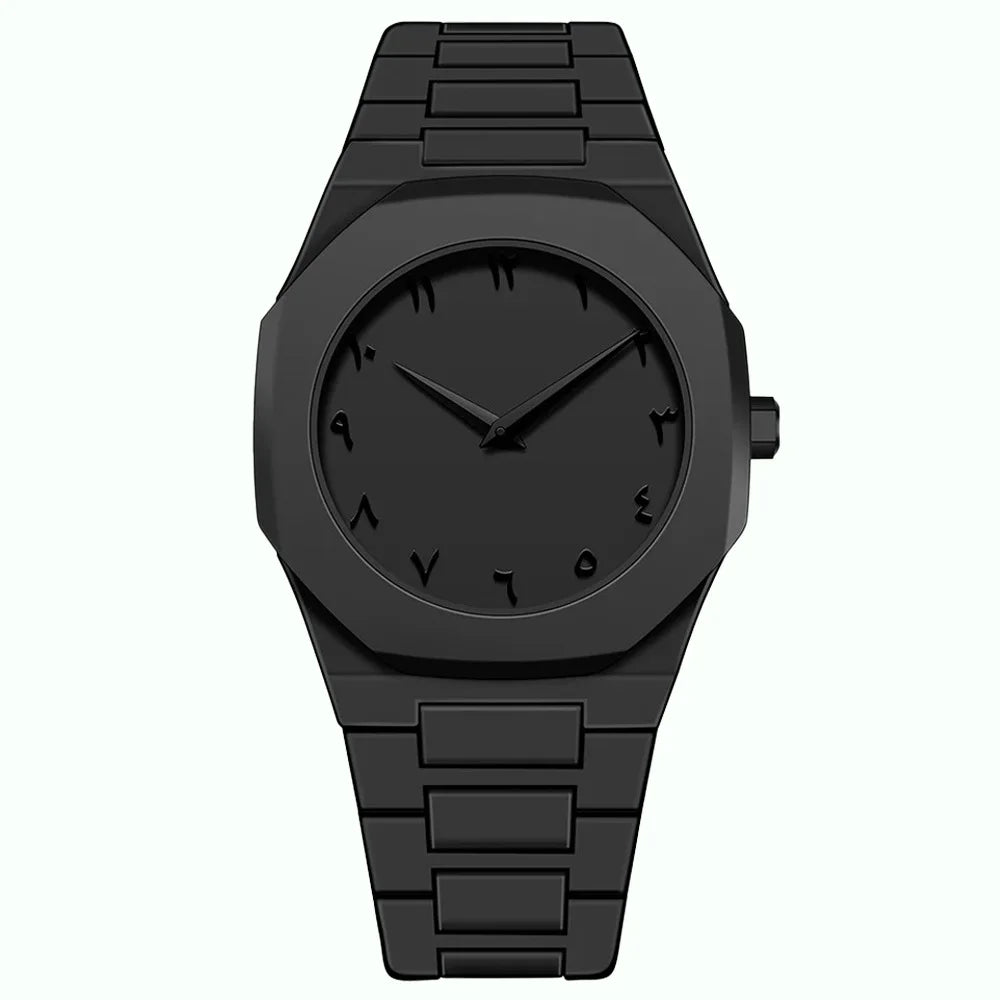 ValoraTime Maktub watch with an all-black octagonal case and matte black-on-black dial featuring subtly embossed eastern Arabic numerals for a ghost-dial effect.