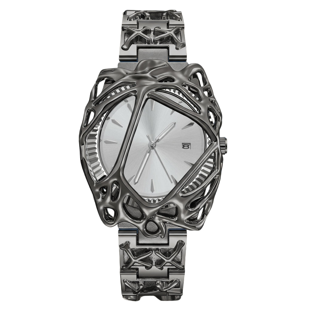 ValoraTime Polaris watch with an intricate cutout, cage-style stainless steel case and sunray dial, White Pearl edition.