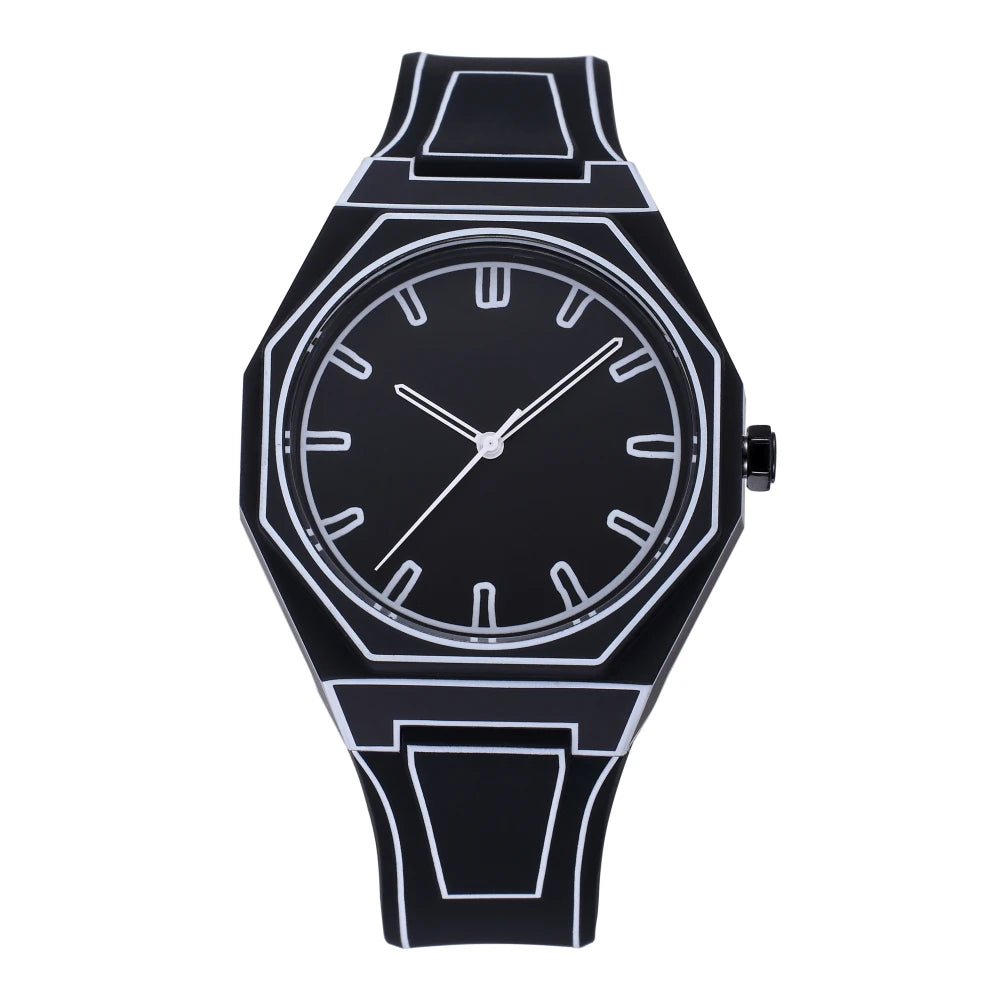 ValoraTime Eje Negro watch with a black octagonal case and white hand-drawn contour lines, comic-style dot pattern on the bezel and bracelet, and matching white hour markers and hands.