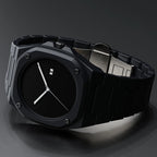 ValoraTime Eclipse watch with an all-black octagonal case and matte black dial, side profile view.