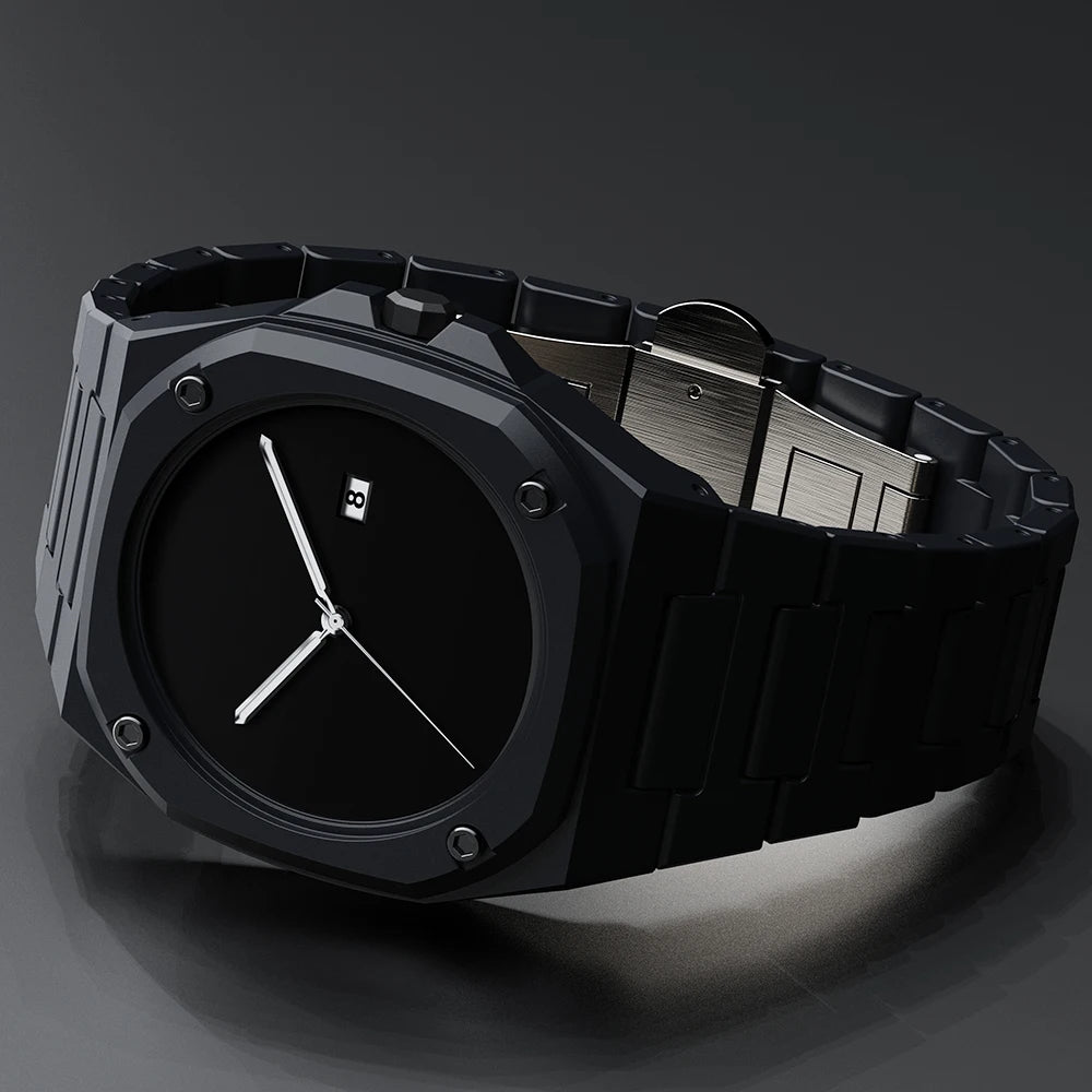 ValoraTime Eclipse watch with an all-black octagonal case and matte black dial, side profile view.