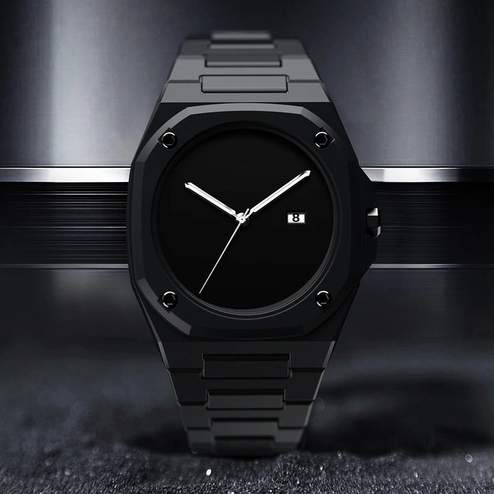 ValoraTime Eclipse watch with an all-black octagonal case and matte black dial, shown resting against a dark brushed metal surface.