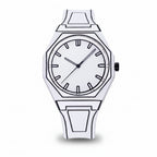ValoraTime Eje Negro watch with a white octagonal case and bold black hand-drawn contour lines, comic-style dot pattern on the bezel and bracelet, and simple black hour markers and hands.