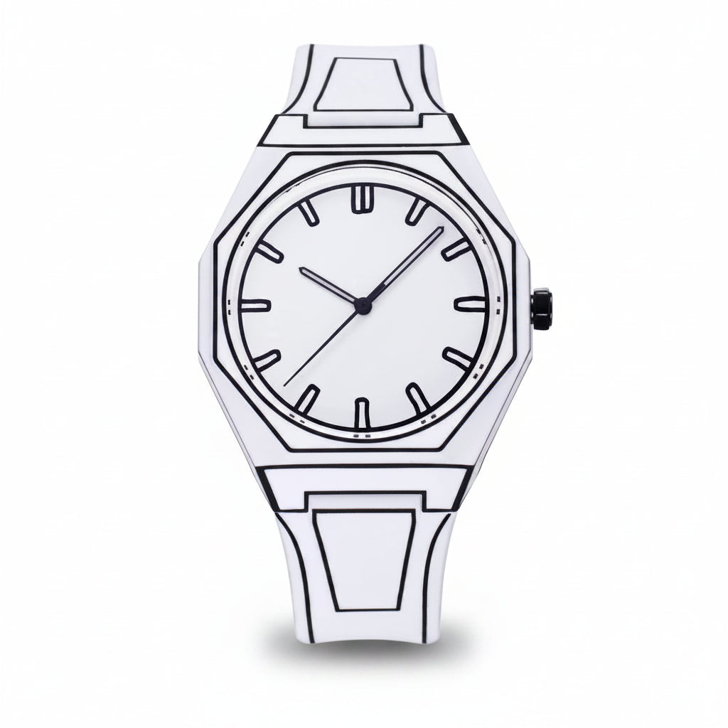 ValoraTime Eje Negro watch with a white octagonal case and bold black hand-drawn contour lines, comic-style dot pattern on the bezel and bracelet, and simple black hour markers and hands.
