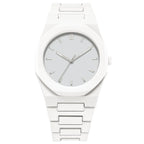 ValoraTime Pure watch with a white round case and plain white dial with no numbers, paired with a matching white bracelet.