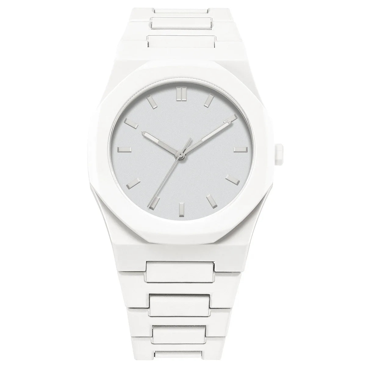 ValoraTime Pure watch with a white round case and plain white dial with no numbers, paired with a matching white bracelet.
