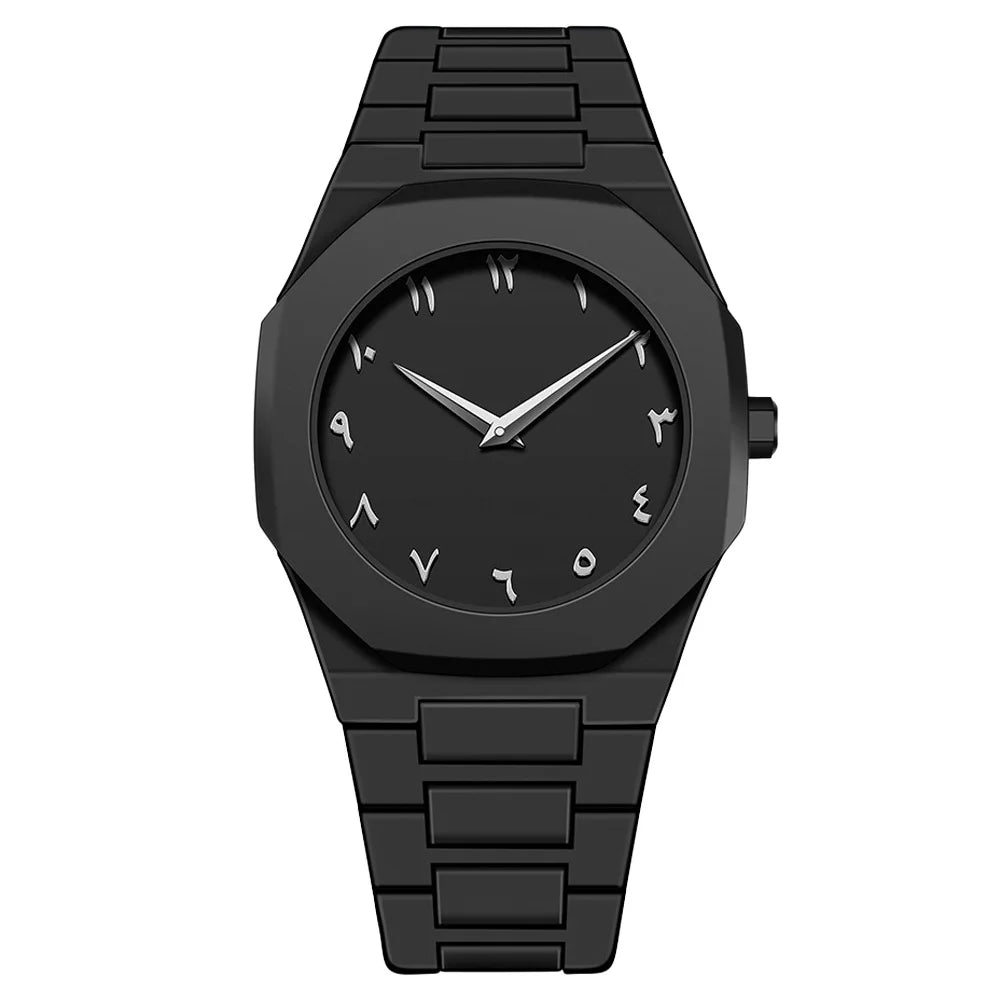 ValoraTime Maktub watch with an all-black octagonal case and black dial featuring eastern Arabic numerals highlighted in white for a ghost-dial effect.